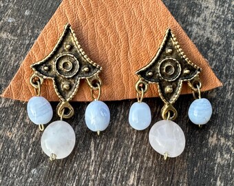 Stud Earrings Rose Quartz Blue Lace Agate Vintage Jewelry