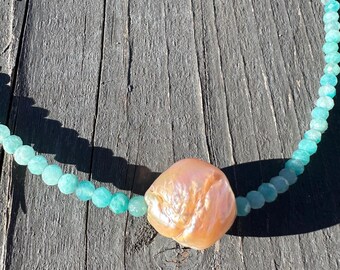 Amazonite Pearl Beaded Necklace Choker Vintage Jewelry