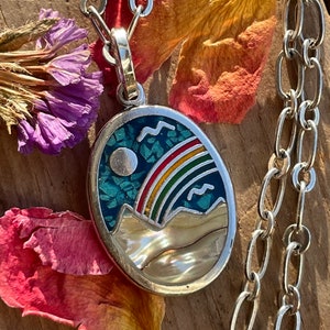 Rainbow Mountain Necklace Vintage Pendant Turquoise Inlaid Mother of Pearl Silver Chain Dainty Layering Necklace Rainbow Mountain image 4