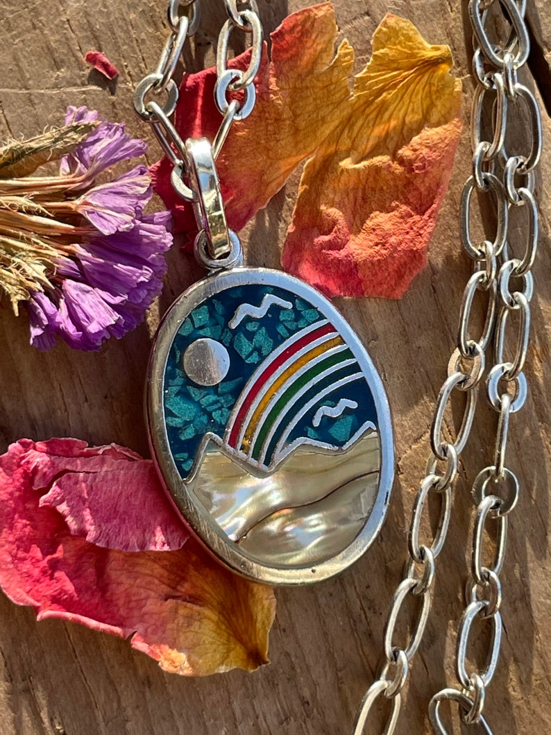 Rainbow Mountain Necklace Vintage Pendant Turquoise Inlaid Mother of Pearl Silver Chain Dainty Layering Necklace Rainbow Mountain image 4