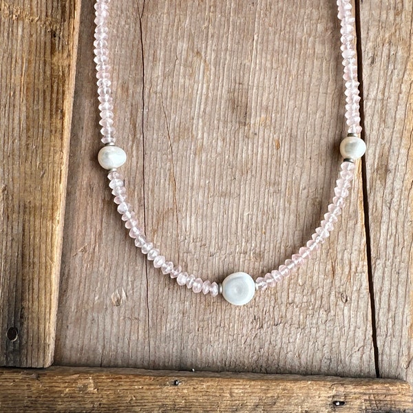 Collier de perles de quartz rose, bijoux vintage en perles roses