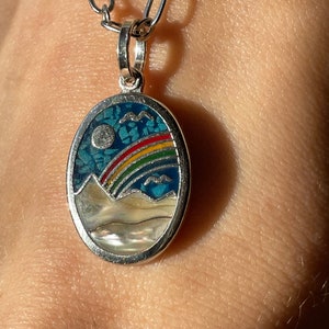 Rainbow Mountain Necklace Vintage Pendant Turquoise Inlaid Mother of Pearl Silver Chain Dainty Layering Necklace Rainbow Mountain image 3