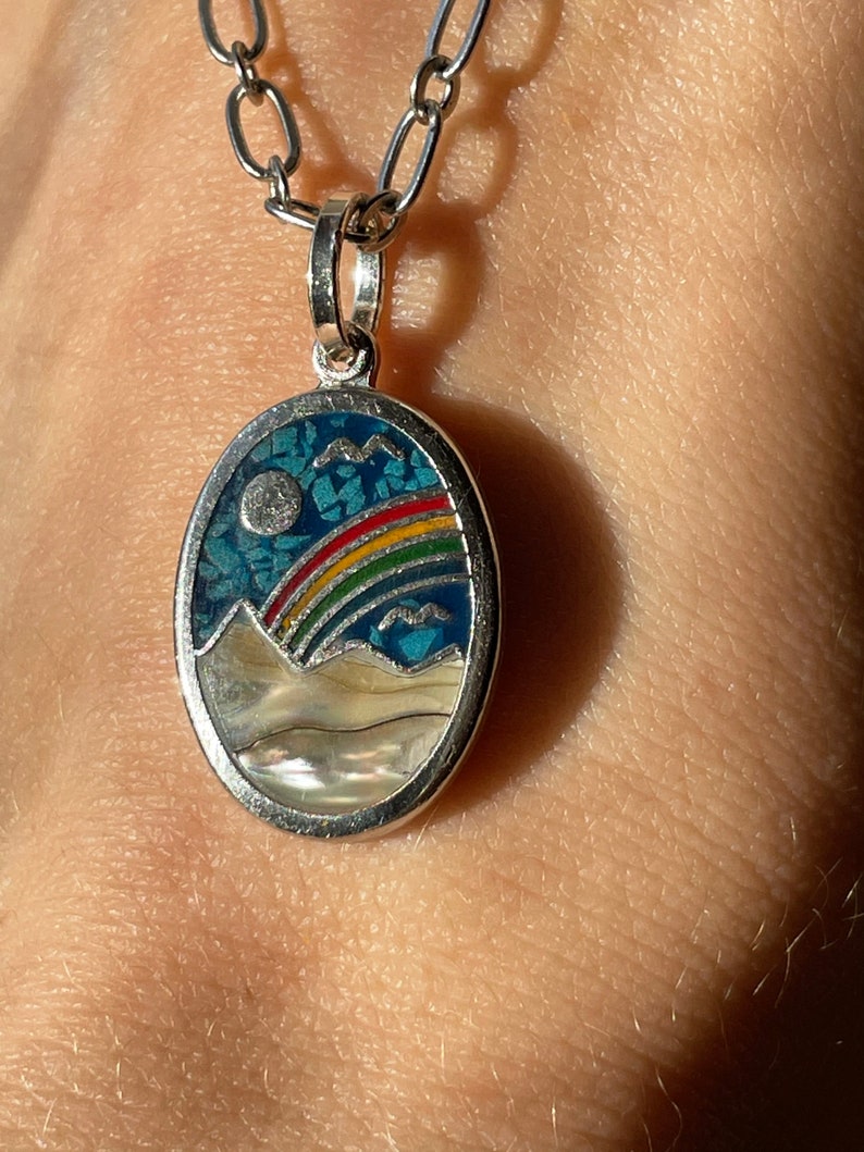Rainbow Mountain Necklace Vintage Pendant Turquoise Inlaid Mother of Pearl Silver Chain Dainty Layering Necklace Rainbow Mountain image 3