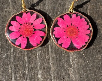 Hot Pink Daisy Hoop Earrings Resin Jewelry