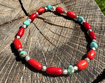 Red Coral Turquoise Bracelet Beaded Stretch Sterling Silver Vintage Jewelry