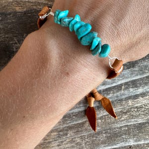 Turquoise Leather Bracelet Adjustable Genuine Turquoise Beaded Heshi Brown Deerskin Leather Sterling Silver Earthy Jewelry Stone Bracelet