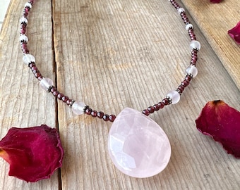 Vintage Rose Quartz Garnet Necklace Beaded Gemstone Jewelry Ethical