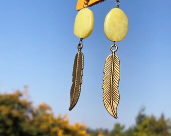 Boucles d'oreilles plumes de jade Bijoux vert anis