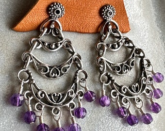 Amethyst Chandelier Earrings Silver Stud Vintage Jewelry