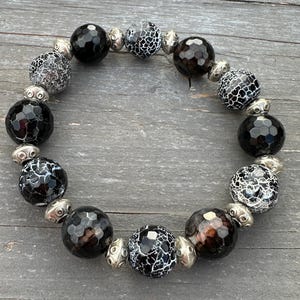Black Agate Bracelet Beaded Stretch Vintage Silver Jewelry