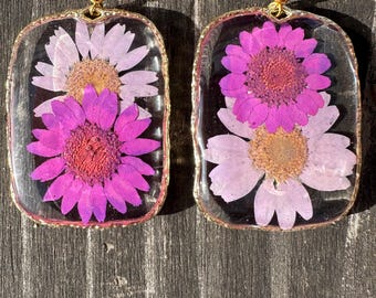Purple Daisy Resin Earrings Rectangle Gold Jewelry