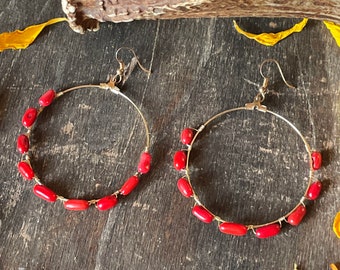 Red Coral Hoop Earrings Wire Wrapped Gold