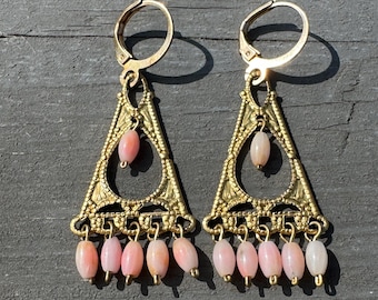 Vintage Pink Coral Earrings Gold Triangle Jewelry