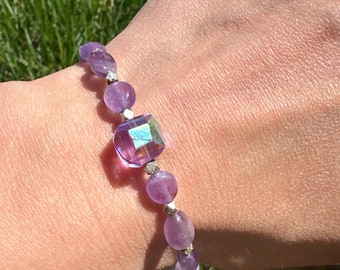 Amethyst CZ Beaded Stretch Bracelet Sterling Silver Spring Jewelry