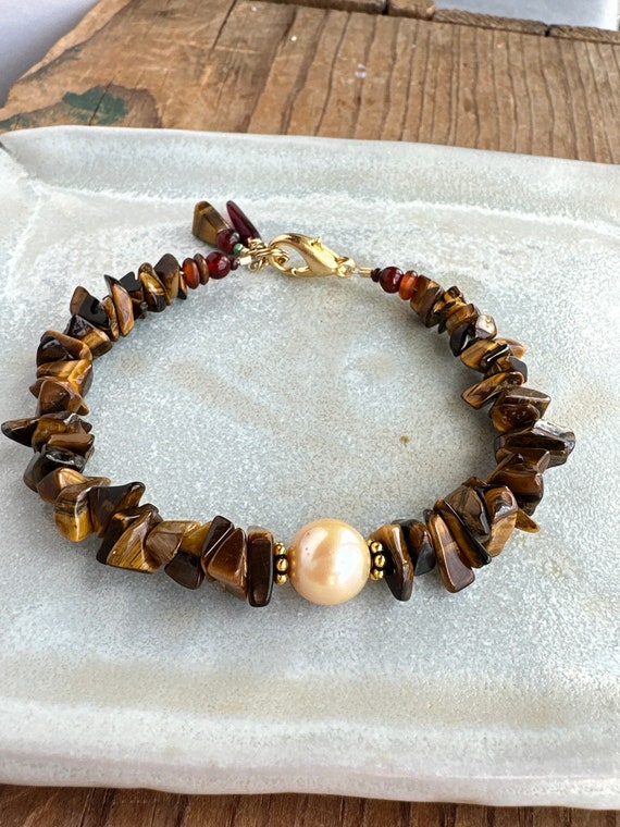 Tigers Eye Pearl Bracelet Beaded Gemstone Chip