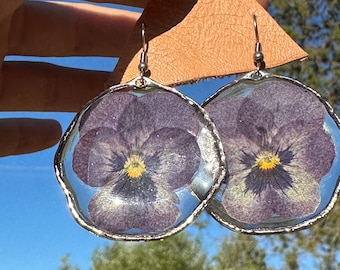 Purple Pansy Flower Earrings Resin Jewelry Large Hoop