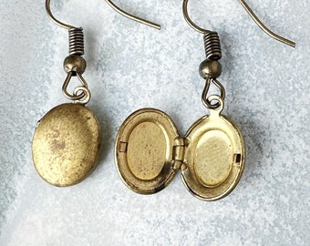 Vintage Brass Locket Earrings Tiny Photo Locket Jewelry