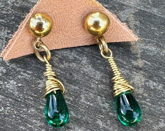 Emerald Stud Earrings Vintage Jewelry Glass