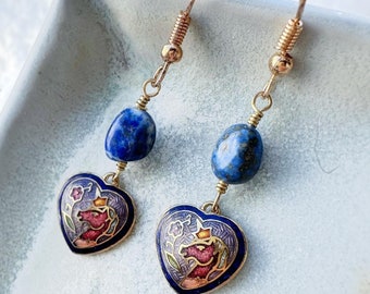 Lapis Lazuli Unicorn Heart Earrings Vintage