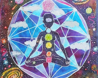 Meditation Chakra Art Print // Rainbow Outer Space Painting // Original Artwork Batik Tapestry // Buddha Yoga Art // Meditation Wall Hanging