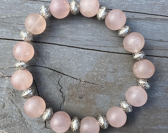 Vintage Rose Quartz Beaded Stretch Bracelet Silver Jewelry