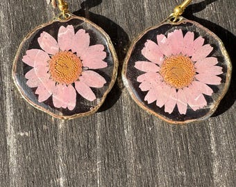 Pink Daisy Earrings Hoop Resin Jewelry