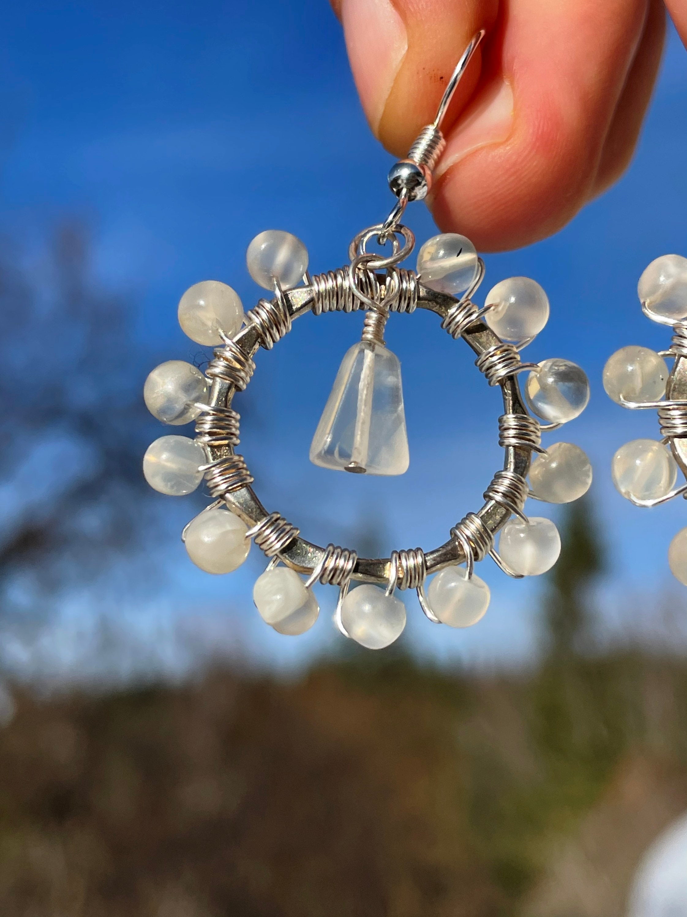 Moonstone Earrings Wire Wrapped Hoop Earrings Sterling Silver | Etsy