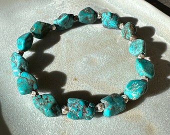Turquoise Nugget Bracelet Sterling Silver Beaded Stretch Bracelet Boho Jewelry
