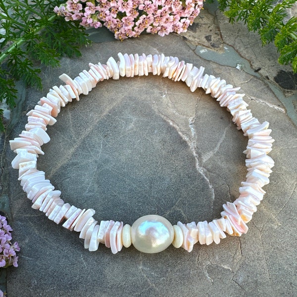 Pearl Pink Puka Shell Beaded Stretch Bracelet