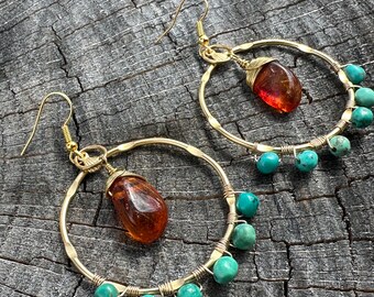 Amber Turquoise Hoop Earrings Wire Wrapped