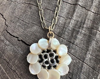 Vintage Mother of Pearl Pendant Necklace Upcycled Jewelry