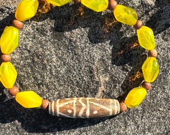 Vintage Yellow Wood Beaded Stretch Bracelet Tribal Summer Jewelry