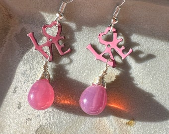 LOVE Word Earrings Pink Chalcedony Jewelry