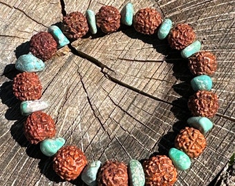 Vintage Turquoise Beaded Stretch Bracelet Rudrashka Seed Jewelry India