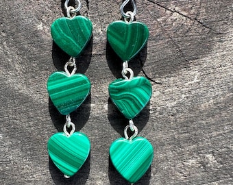 Vintage Malachite Heart Triple Dangle Earrings Green Jewelry