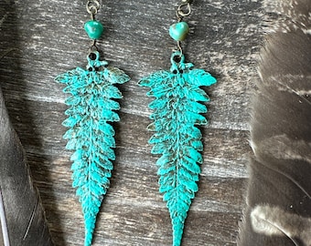 Patina Fern Earrings Turquoise Leaf Plant Jewelry