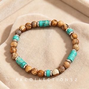 Turquoise Picture Jasper Beaded Stretch Bracelet, Handmade Boho Spiritual Jewelry Gift