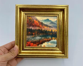 Original Hand Painted Autumn Lake Wood Wall Art, Solid Wood Frame, Mountain Cabin Decor,Not a Print, Gift For Her&Him