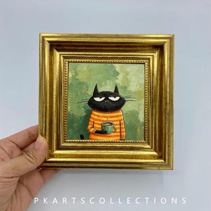 Grumpy Black Cat Coffee Mug Framed Mini Print, Golden Wood Frame Funny Cat Desk Wall Art Gift For Coffee Cat Lovers,Gift For Her&Him