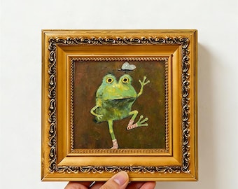 Impasto Frog Painting Framed Whimsical Frog with Striped Socks Retro Solid Wood Gold Frame Mini Desk Wall Decor Gift,Gift For Her&Him