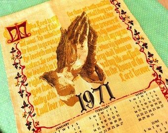 1971 Calendar Psalm 23 Linen Tea Towel - Praying Hands - The Lord Is My Shepard, I Shall Not Want