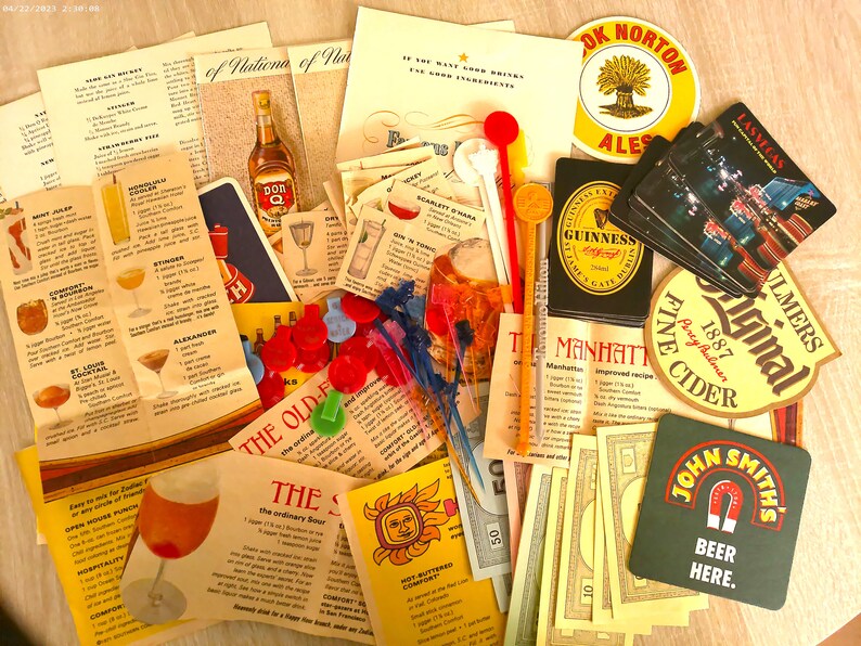 100 Piece Cocktail Scrapbook Paper Kit Beer Coasters Swizzle Sticks Bingo Chips Gambling image 1