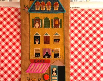 Vintage Paris Cafe Scene Burlap Wall Hanging - Yarn Felt Home Craft Project