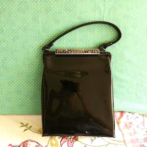 Vintage 1960s Black Patent Leather Handbag By La France - Petite Point Clasp - Top Handle Purse