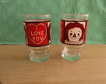 Vintage Pair  Raggedy Ann Andy Juice Glasses - 1972 Bobbs Merrill Co -  I Love You - 4 Ounce