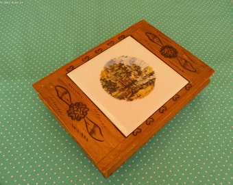 Vintage Wood Jewelry Box With Ceramic Tile