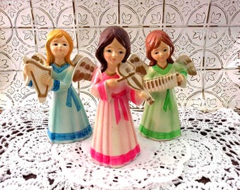 3 Paper Mache Angel Musician Figurines