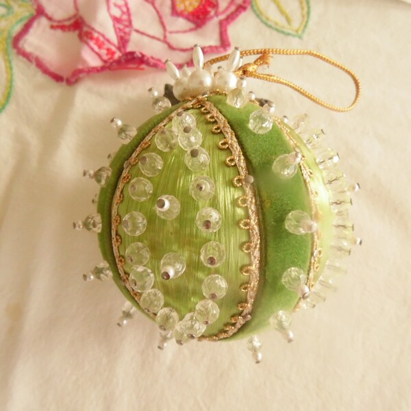 Vintage Beaded Christmas Tree Ornament - Green Satin Velvet