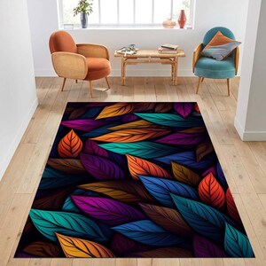 Colorful Leaf Pattern Modern Digital Print Soft Washable Decorative Area Rug, Vibrant Nature Design Stylish Rug for Living Room Decoration