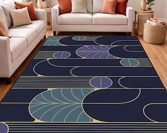 Alfombra moderna azul marino con estampado geométrico Art Déco, alfombra abstracta minimalista, decoración contemporánea para sala de estar, regalo de inauguración de casa
